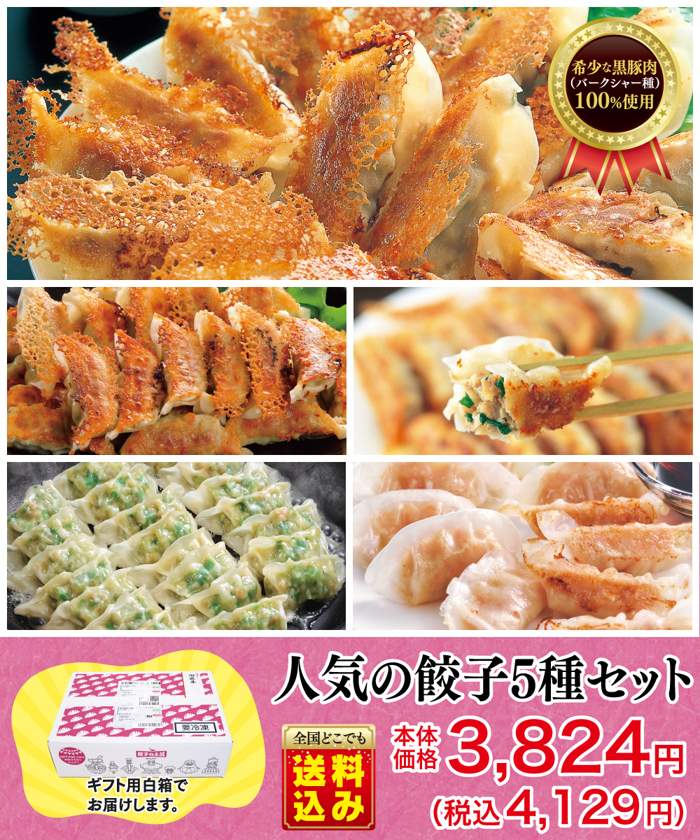 【お歳暮】 人気の餃子5種セット 『送料込』 ギフト用・自宅用を選択してください: 自宅仕様（お歳暮のし不要）, セットの梱包: まとめて1箱でお届け（茶箱）