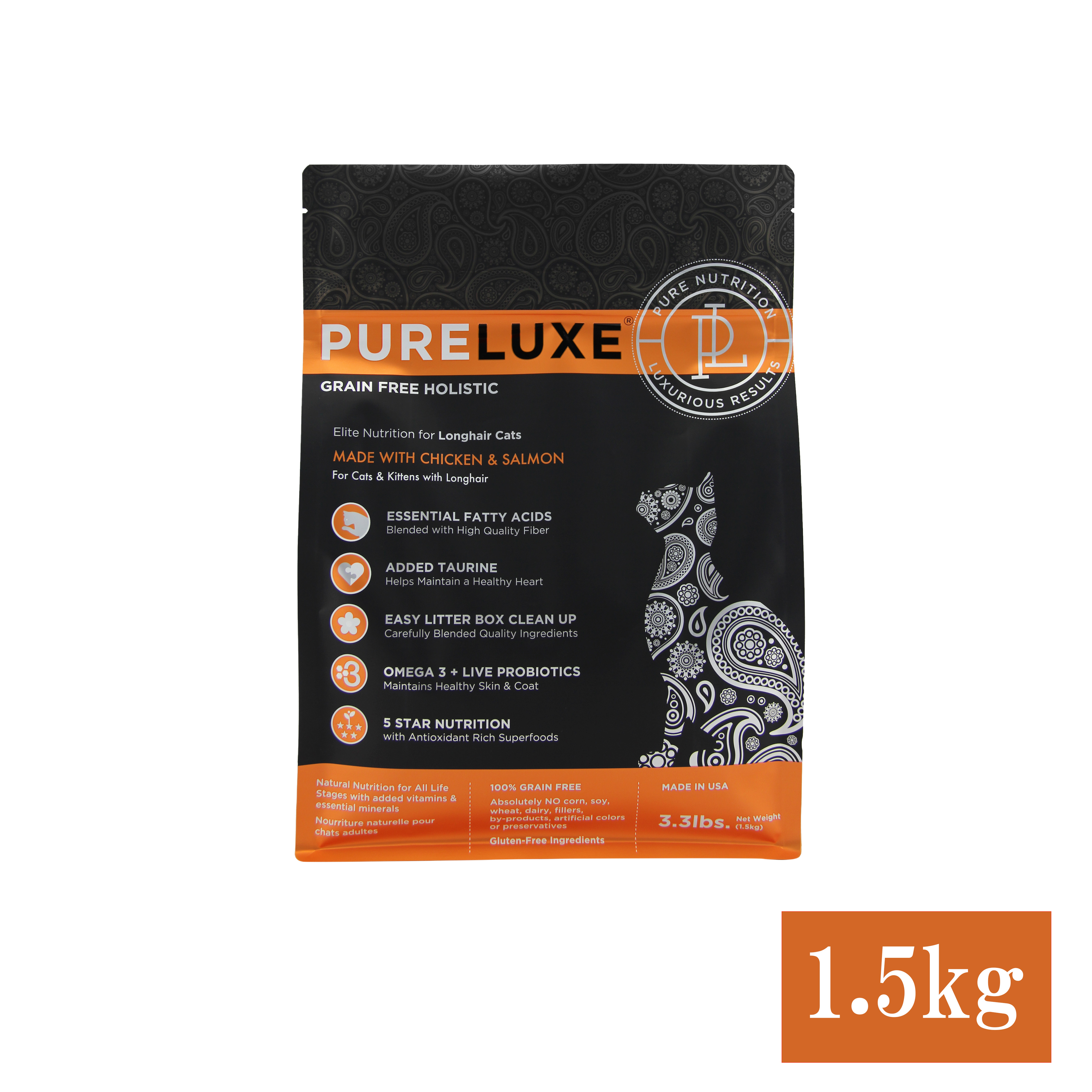 【定期便】ロングヘアーキャット　チキン＆サーモン　1.5kg×2個（5％OFF）、4個（10％OFF）、6個（20％OFF） セット内容: 1.5ｋｇ×２個セット（5％OFF)