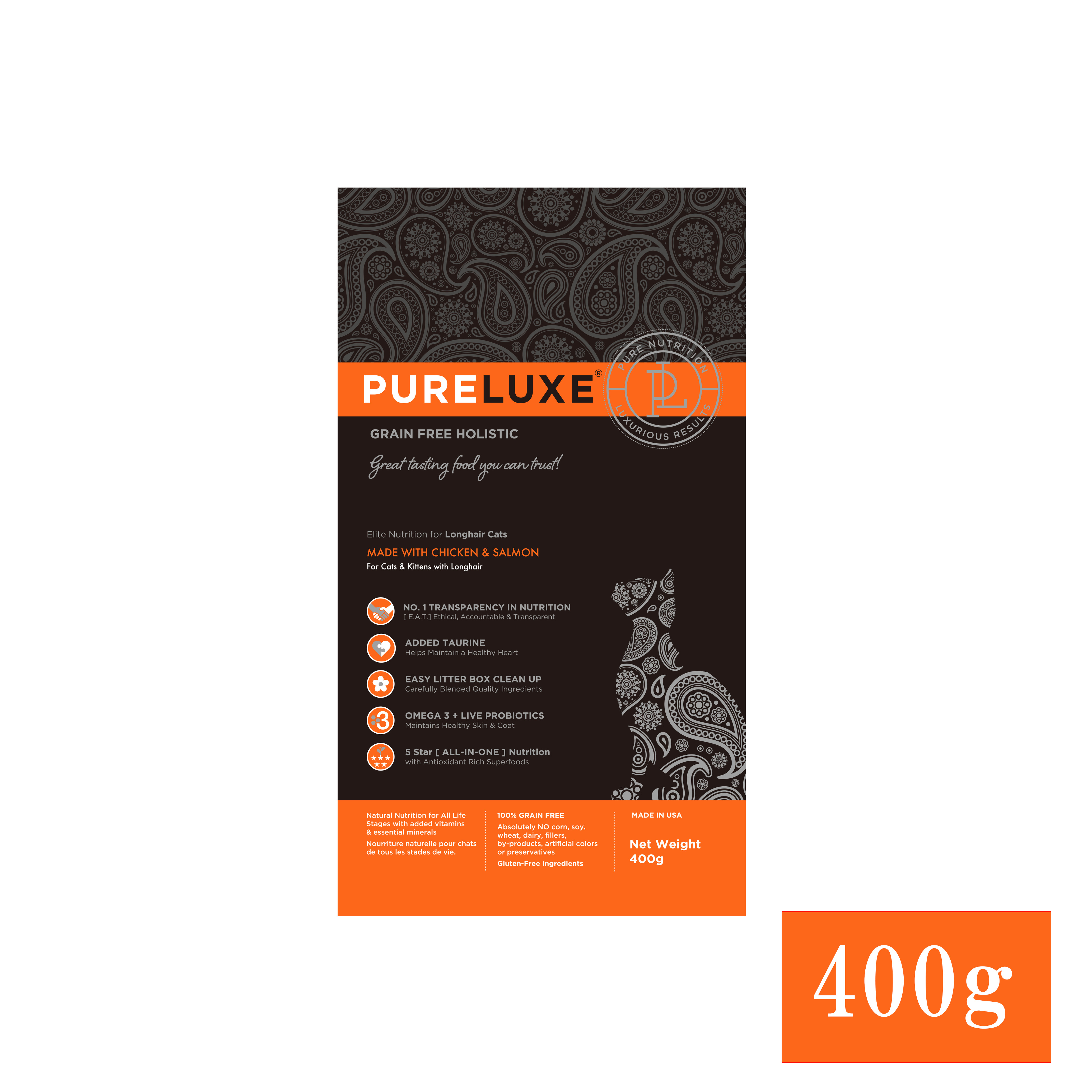 【定期便】ロングヘアーキャット　チキン＆サーモン　400g×6個（5％OFF）、12個（10％OFF）、18個（20％OFF） セット内容: 400ｇ×6個セット（5％OFF)