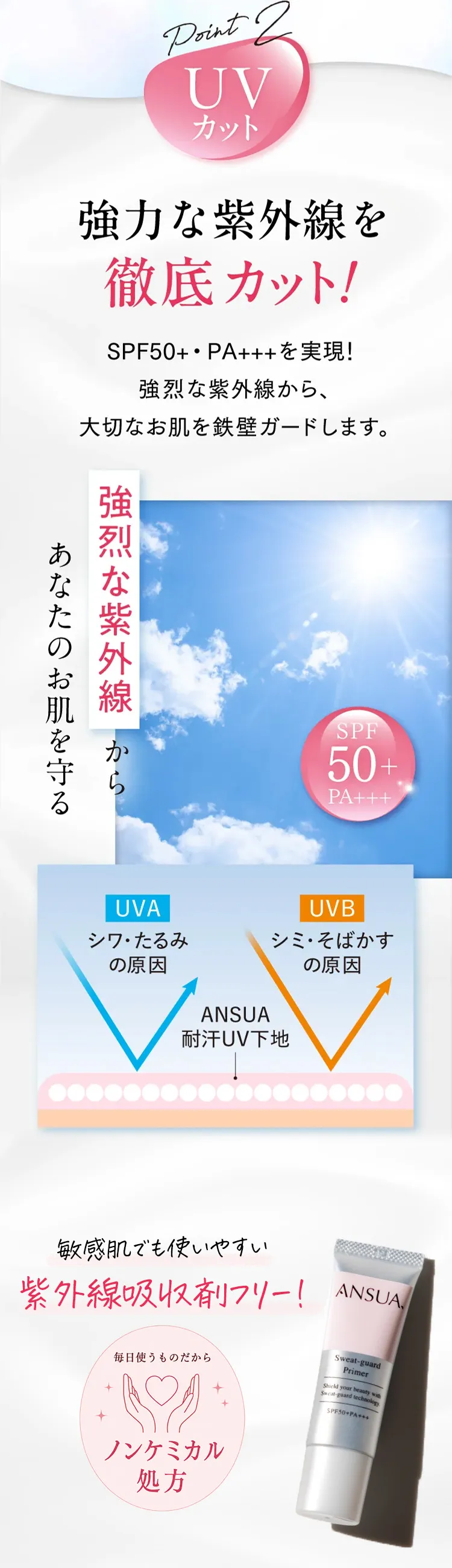 Point2 UVカット：強力な紫外線を徹底カット！SPF50+ PA+++