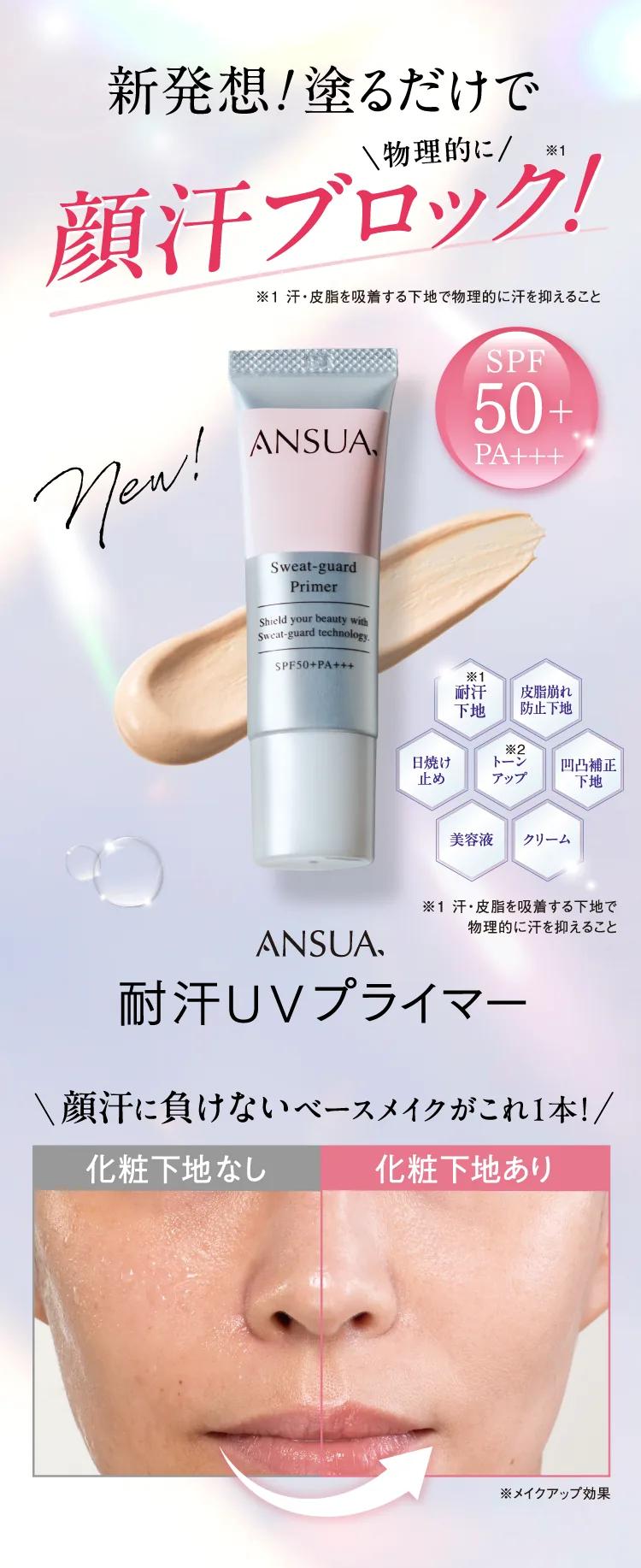新発想！塗るだけで顔汗ブロック ANSUA 耐汗UVプライマー
