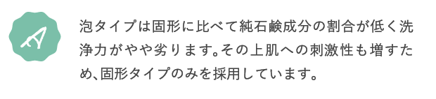 A.泡タイプは固形に比べて純石鹸成分の割合が低く洗浄力がやや劣ります。その上肌への刺激性も増すため、固形タイプのみを商品化しています。