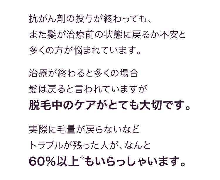 脱毛して元に戻るか不安と多くの方が悩まれています。治療が終わると髪が戻ると言われていますが脱毛中のケアがとても大切です。実際に毛量が戻らないなどトラブルが残った人が、なんと60%以上※もいらっしゃいます。