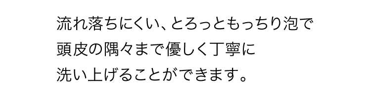 流れ落ちにくい、とろっともっちり泡で頭皮の隅々まで優しく丁寧に洗い上げることができます。