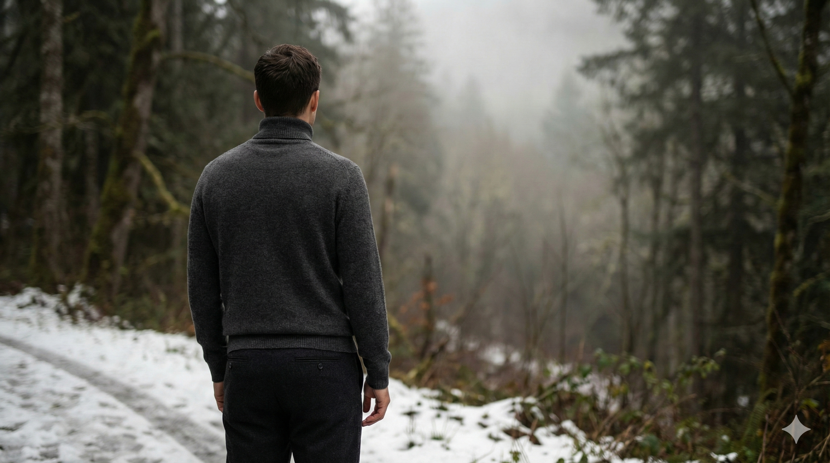霧がかった冬の森で静寂と向き合う男性の後ろ姿