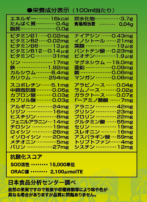 栄養成分表示（100ml当たり）：エネルギー16kcal、たんぱく質0.4g、脂質0.0g、炭水化物3.7g、食塩相当量0.04g、ビタミンB1 0.02mg、ビタミンB2 0.02mg、ビタミンB6 13μg、ビタミンB12 0.14μg、ビタミンC 31mg、ナイアシン0.43mg、イノシトール21mg、葉酸19μg、パントテン酸0.23mg、ビオチン1.9μg、リン17mg、鉄1.92mg、カルシウム8.4mg、カリウム254mg、マグネシウム19.0mg、亜鉛0.08mg、銅0.06mg、マンガン0.06mg、アミノ酸、抗酸化スコア（SOD活性15,000単位、ORAC値2,100μmolTE）、日本食品分析センター調べ