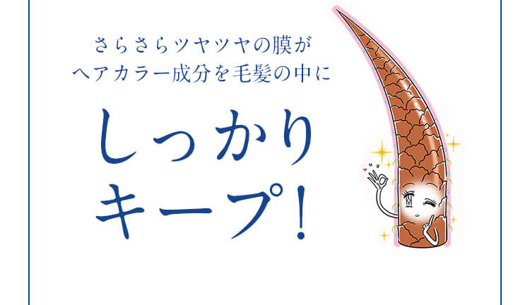 さらさらツヤツヤの膜がヘアカラー成分を毛髪の中にしっかりキープ！