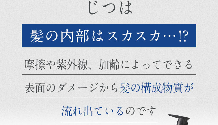 じつは髪の内部はスカスカ…!? 摩擦や紫外線、加齢によってできる表面のダメージから髪の構成物質が流れ出ているのです