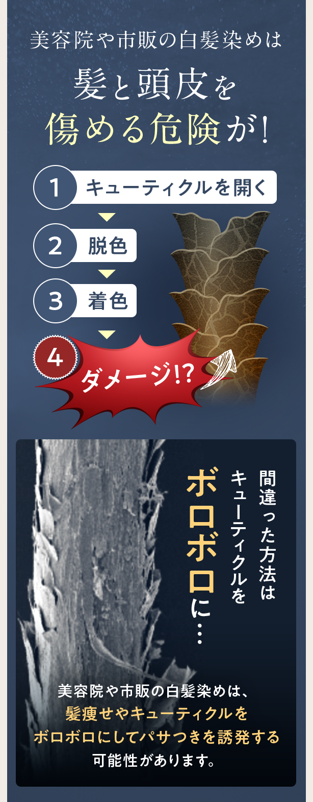 美容院や市販の白髪染めは髪と頭皮を傷める危険が!