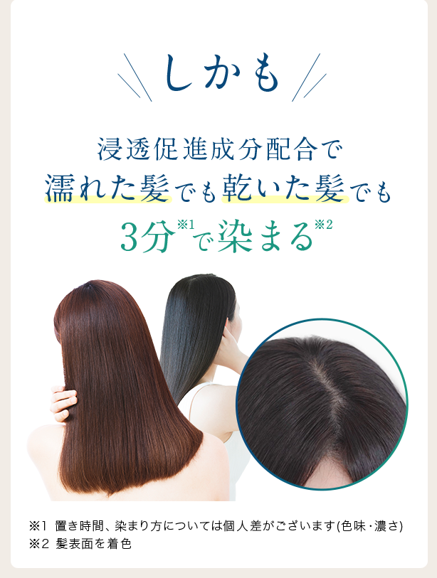 しかも浸透促進成分配合で濡れた髪でも乾いた髪でもたった3分※1で染まる※2　※1置き時間、染まり時間については個人差がございます（色味･濃さ）※2髪表面を着色