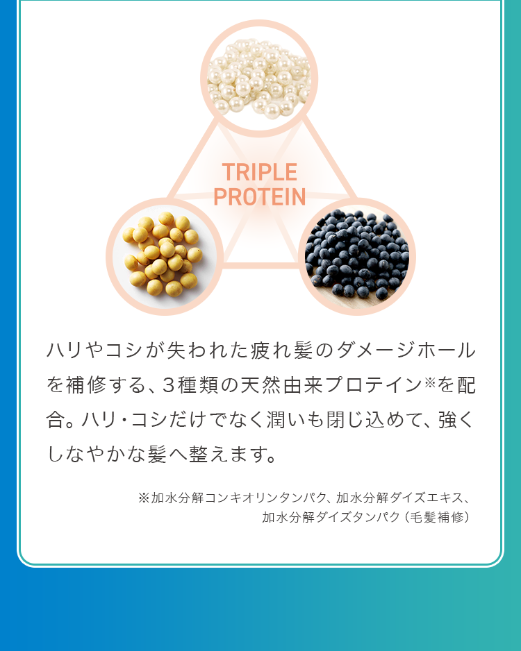 ハリやコシが失われた疲れ髪のダメージホールを補修する、3種類の天然由来プロテイン※を配合。