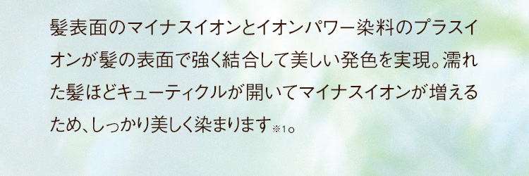 髪表面のマイナスイオンとイオンパワー染料のプラスイオンが髪の表面で強く結合して美しい発色を実現。濡れた髪ほどキューティクルが開いてマイナスイオンが増えるため、しっかり美しく染まります※。