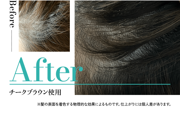左上に「Before」、右側に「After」の文字とアンダーライン。白髪交じりの頭髪の接写写真(Before/After比較)。下部に「チークブラウン使用」「※髪の表面を着色する物理的な効果によるものです。仕上がりには個人差があります。」