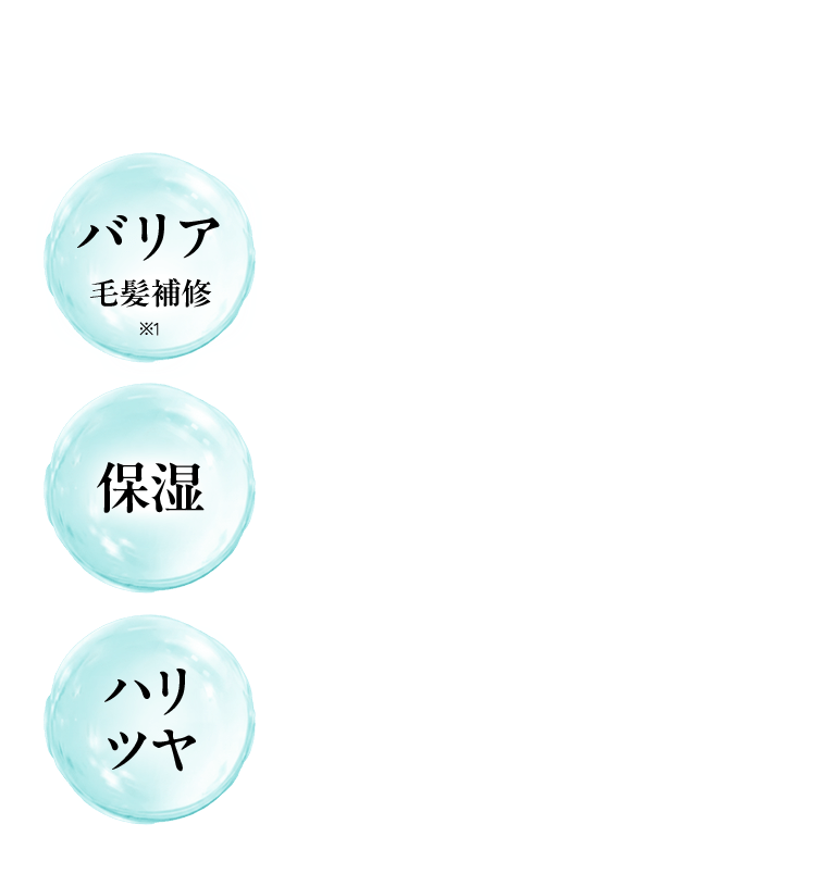 水色の雫型のアイコン3つ縦並び「バリア 毛髪補修※1」「保湿」「ハリ ツヤ」