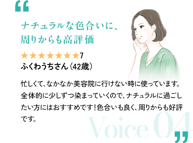 「ナチュラルな色合いに、周りからも高評価」 評価7(7段階中) ふくわうちさん(42歳) 忙しくて、なかなか美容院に行けない時に使っています。全体的に少しずつ染まっていくので、ナチュラルに過ごしたい方にはおすすめです!色合いも良く、周りからも好評です。 Voice 04