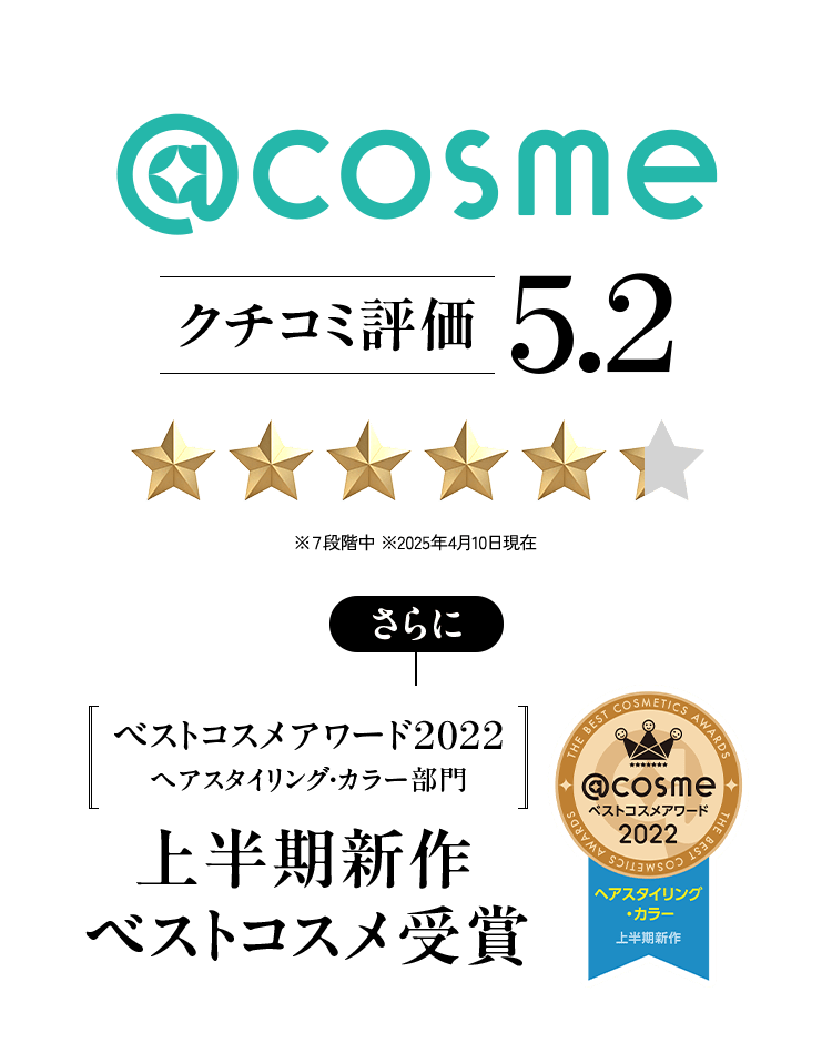 @cosme クチコミ評価 5.2(7段階中、2025年4月10日現在) さらに [ベストコスメアワード2022 ヘアスタイリング・カラー部門] 上半期新作 ベストコスメ受賞
