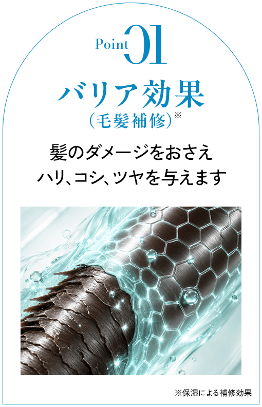 Point01 バリア効果(毛髪補修)※ 髪のダメージをおさえ ハリ、コシ、ツヤを与えます ※保湿による補修効果(網目状のヘキサゴン構造と水滴に包まれた毛髪のイメージ図)