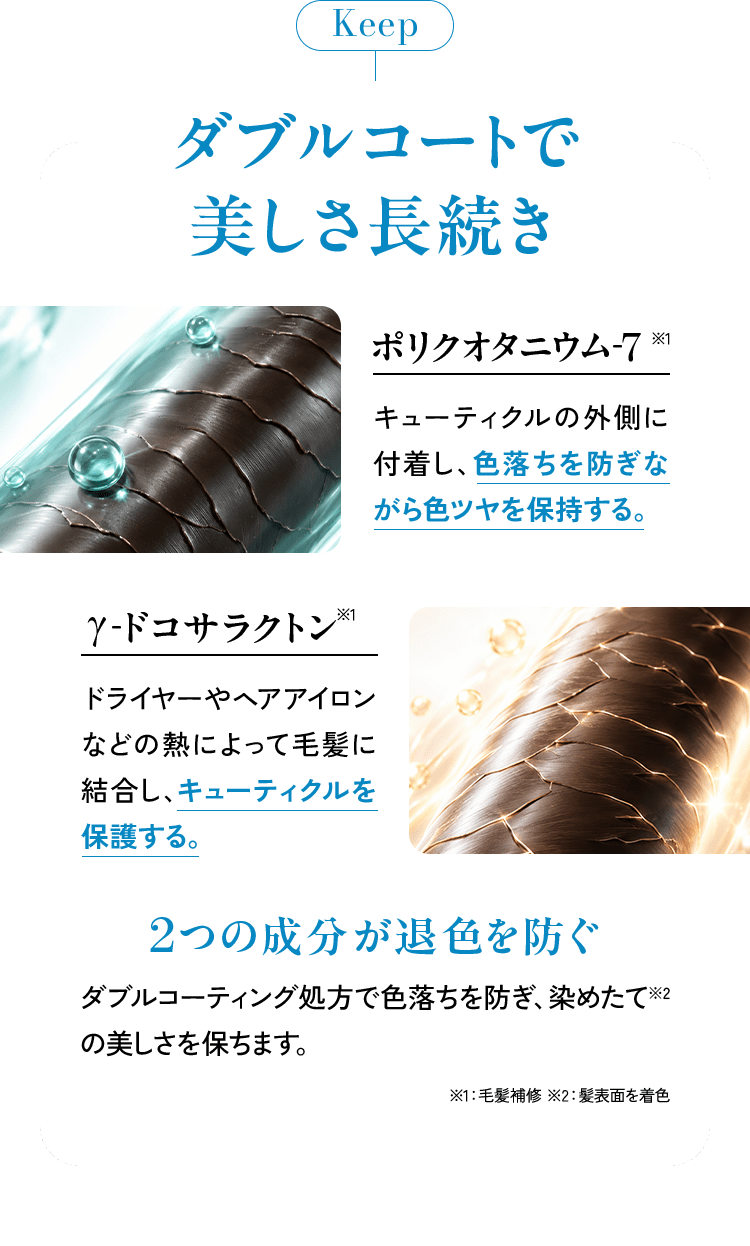 Keep ダブルコートで美しさ長続き ポリクオタニウム-7※1:キューティクルの外側に付着し、色落ちを防ぎながら色ツヤを保持する。γ-ドコサラクトン※1:ドライヤーやヘアアイロンなどの熱によって毛髪に結合し、キューティクルを保護する。2つの成分が退色を防ぐ ダブルコーティング処方で色落ちを防ぎ、染めたて※2の美しさを保ちます。※1:毛髪補修 ※2:髪表面を着色