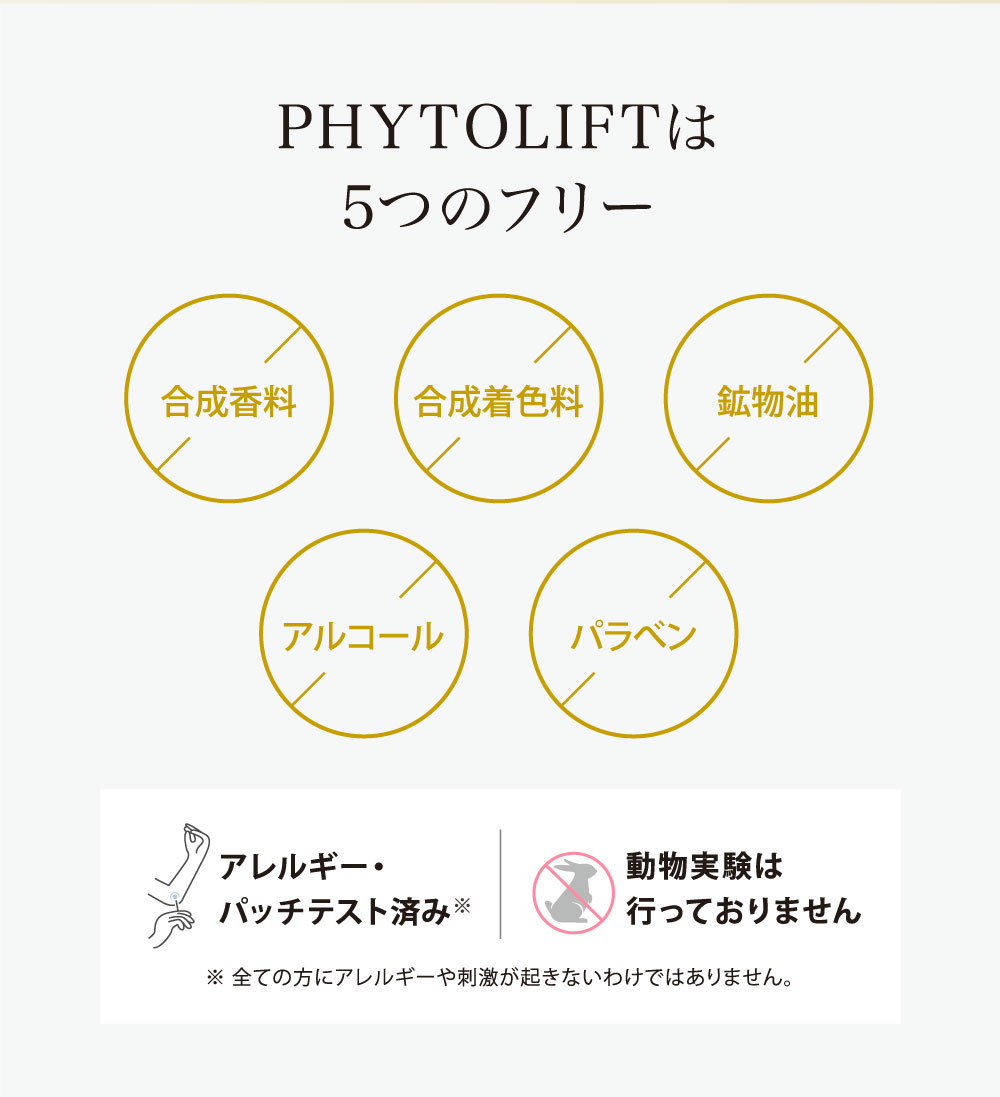PHYTOLIFTは5つのフリー。合成香料、合成着色料、鉱物油、アルコール、パラべンは不使用。アレルギー・パッチテスト済み（ 全ての方にアレルギーや刺激が起きないわけではありません。）動物実験は行っておりません。