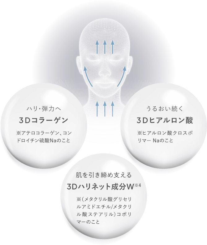 3Dコラーゲン / 3Dヒアルロン酸 / 3Dハリネット成分Wの説明
