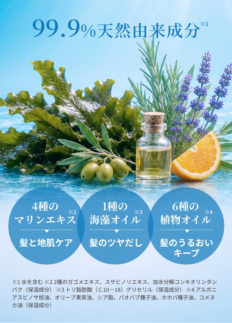 99.9%天然由来成分。4種のマリンエキス（髪と地肌ケア）　1種の海藻オイル（髪のツヤだし） 6種の植物オイル（髪のうるおいキープ）