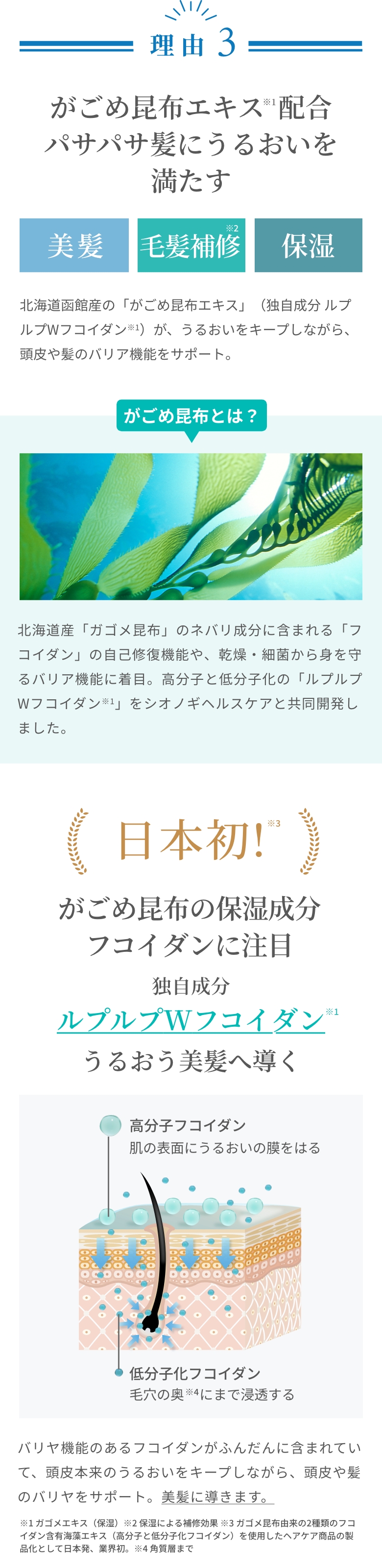 理由3。がごめ昆布エキス配合パサパサ髪にうるおいを満たす。　（美髪・毛髪補修・保湿）