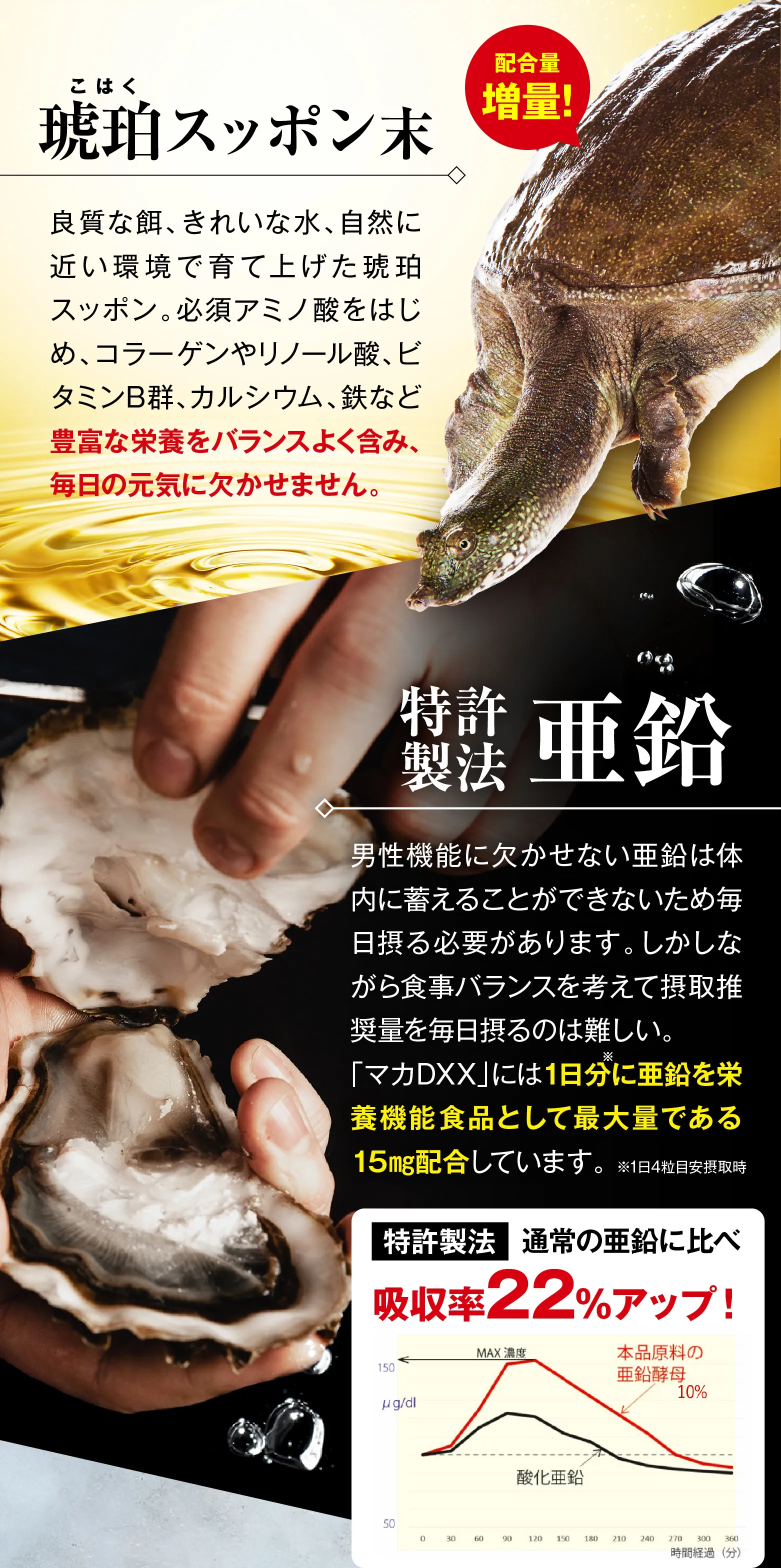 配合量を増量させた琥珀スッポン（粉末）と特許製法の亜鉛をたっぷり配合！