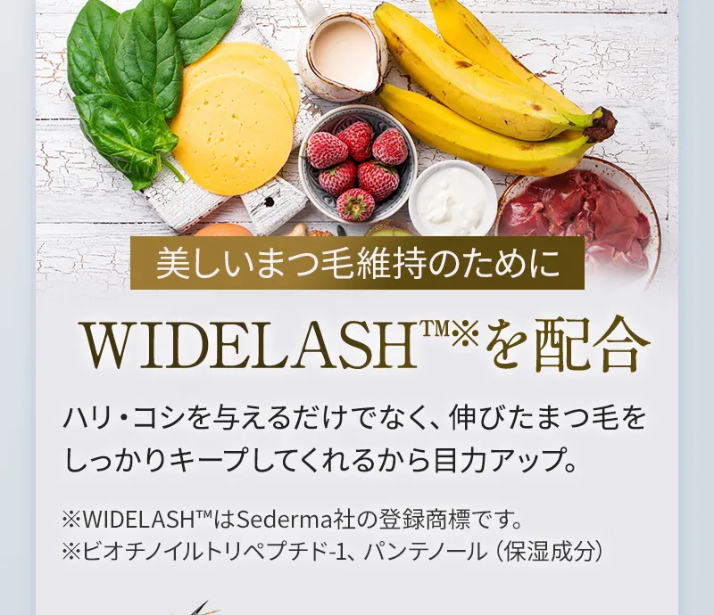美しいまつ毛維持のために WIDELASHを配合 ハリ・コシを与えるだけでなく、伸びたまつ毛をしっかりキープしてくれるから目力アップ。