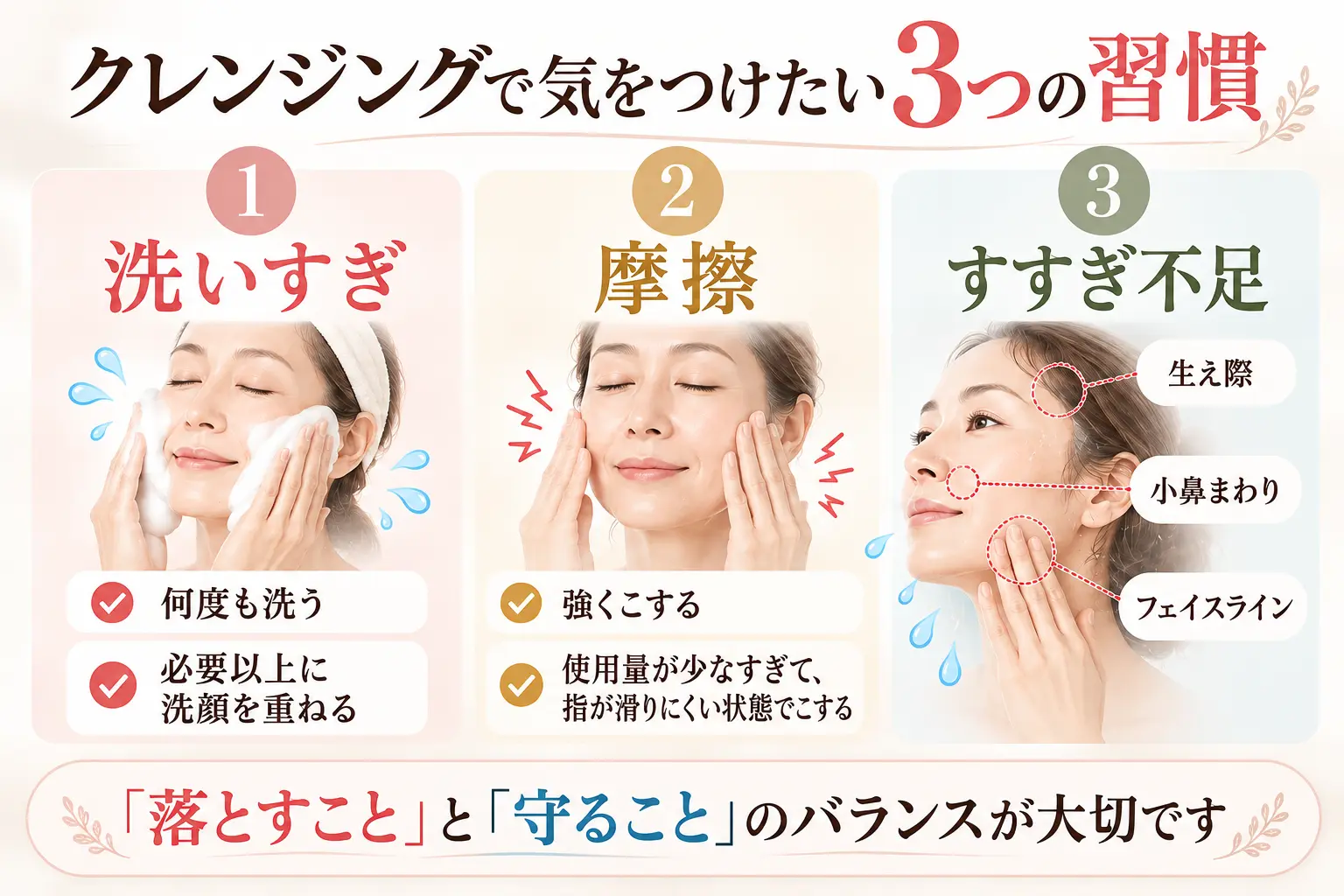 洗いすぎ、摩擦、すすぎ不足の3つの注意点