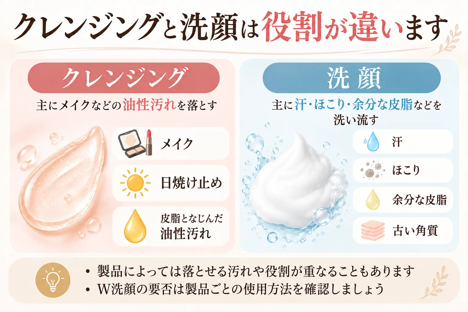 クレンジングは主にメイクなど、洗顔は主に汗やほこりなどを落とす。製品によって役割は重なる
