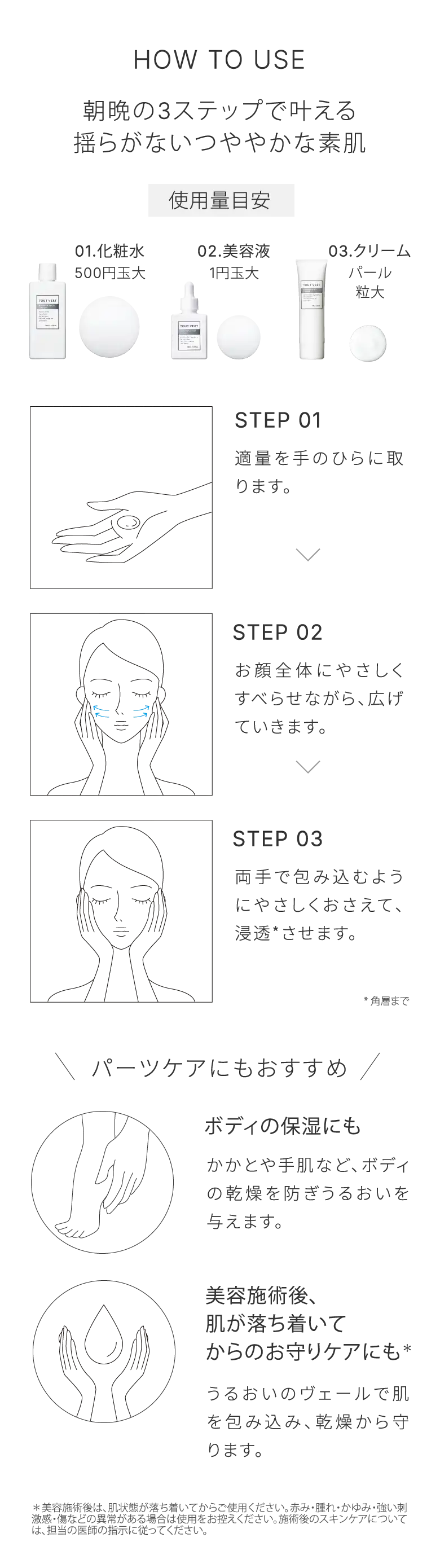 HOW TO USE 朝晩の3ステップで叶える揺らがないつややかな素肌 