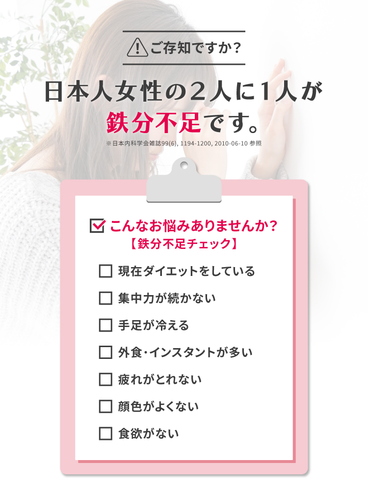 ご存知ですか?日本人女性の2人に1人が鉄分不足です。こんなお悩みありませんか?【鉄分不足チェック】 現在ダイエットをしている。集中力が続かない。手足が冷える。外食・インスタントが多い。疲れがとれない。顔色がよくない。食欲がない。