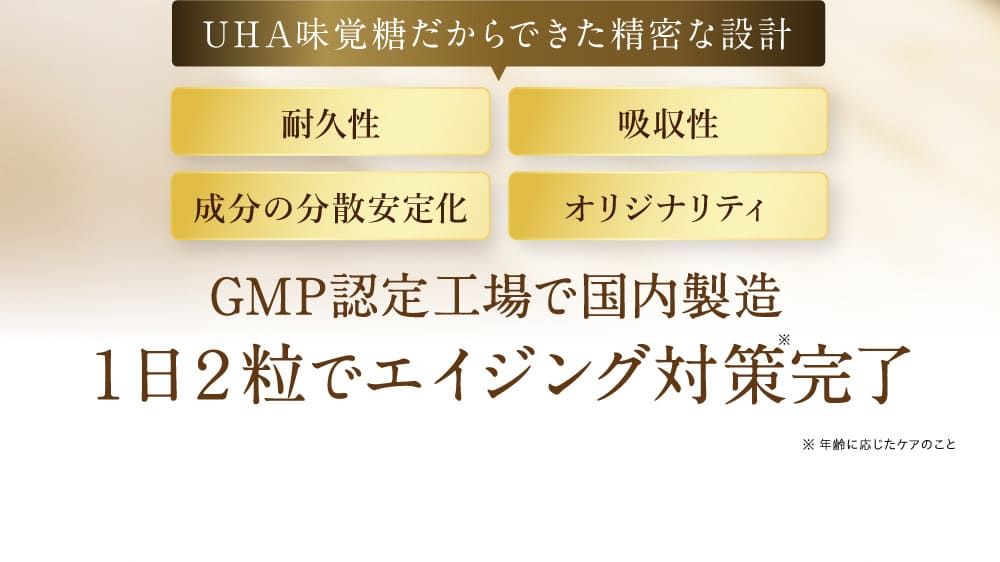 UHA味覚糖だからできた精密な設計 GMP認定工場で国内製造 1日2粒でエイジング対策完了
