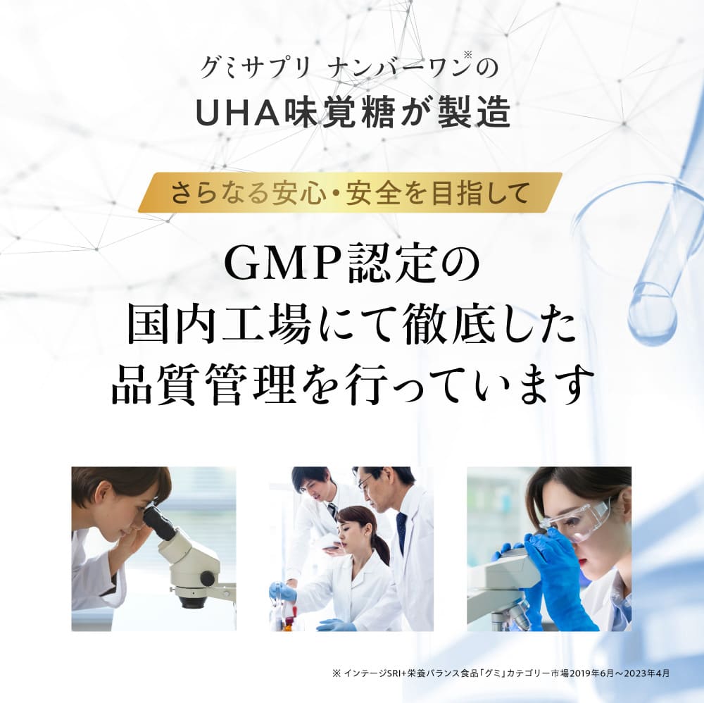 グミサプリ ナンバーワンのUHA味覚糖が製造 GMP認定の 国内工場にて徹底した 品質管理を行っています