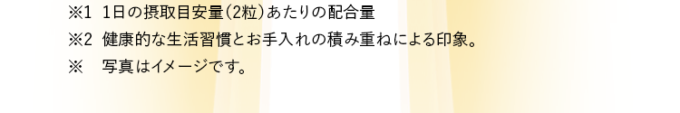※1 1日の摂取目安量（2粒）あたりの配合量 ※2 健康的な生活習慣とお手入れの積み重ねによる印象。※ 写真はイメージです。