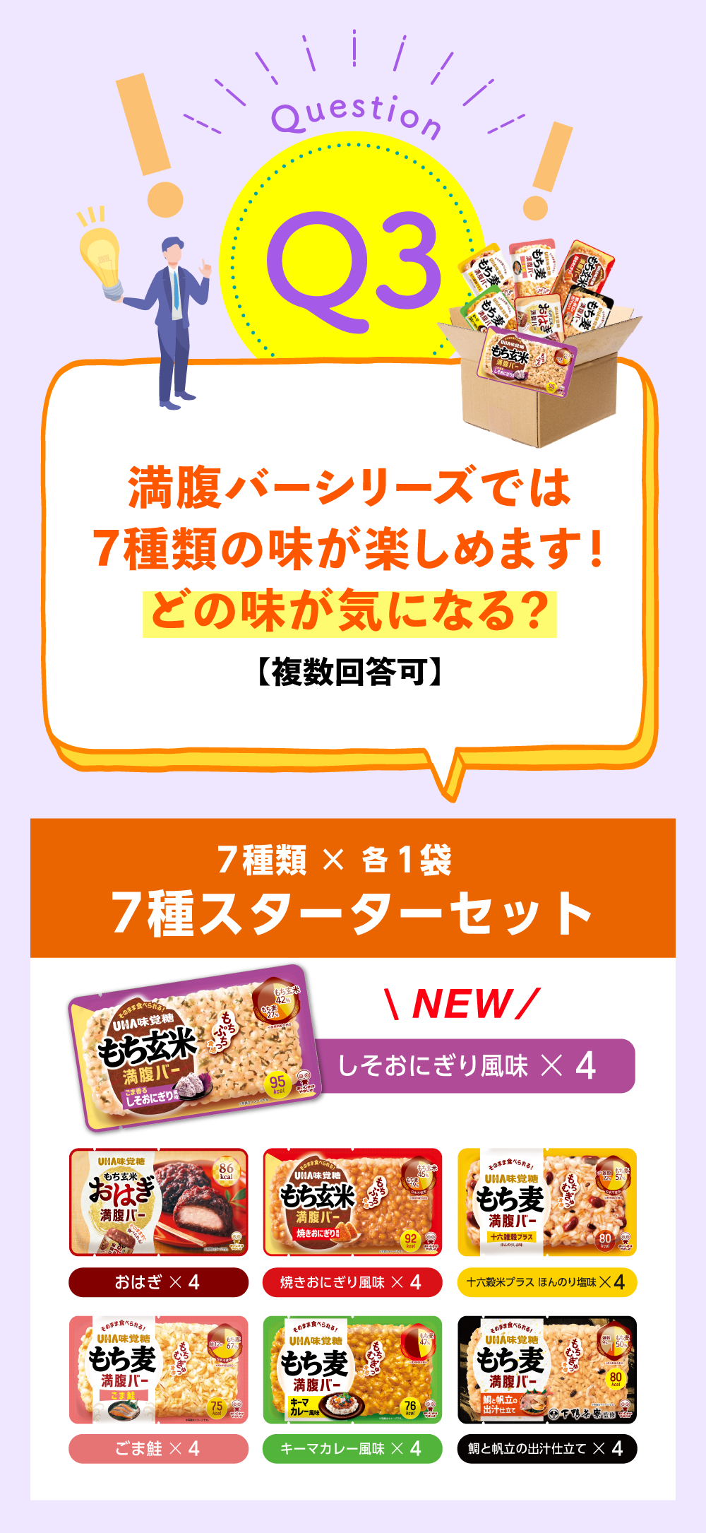 Q3.満腹バーシリーズでは6種類の味が楽しめます！どの味が気になる？（複数回答可）