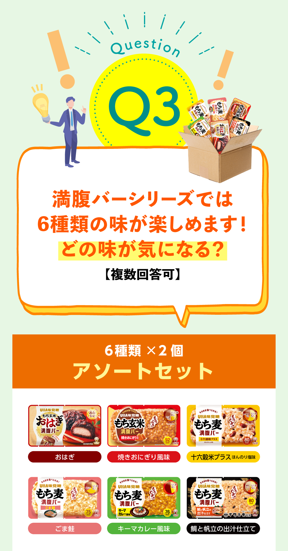 Q3.満腹バーシリーズでは6種類の味が楽しめます！どの味が気になる？（複数回答可）