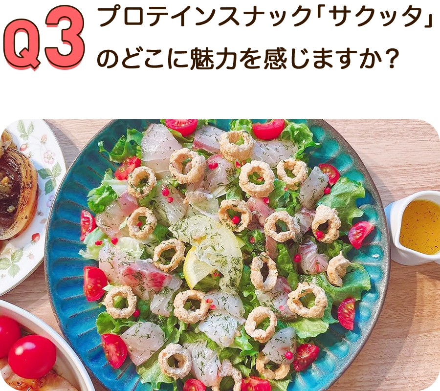 Q3.プロテインスナック「サクッタ」のどこに魅力を感じますか？