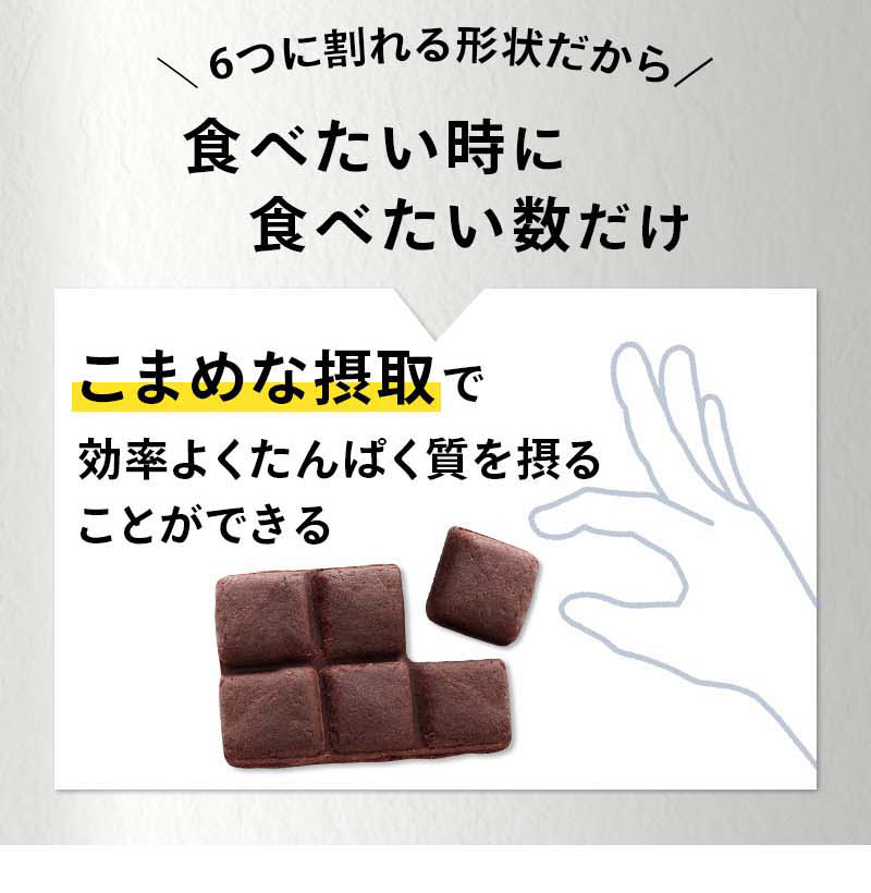 6つに割れる形状だから食べたい時に食べたい数だけ。こまめな摂取で効率よくたんぱく質を摂ることができる