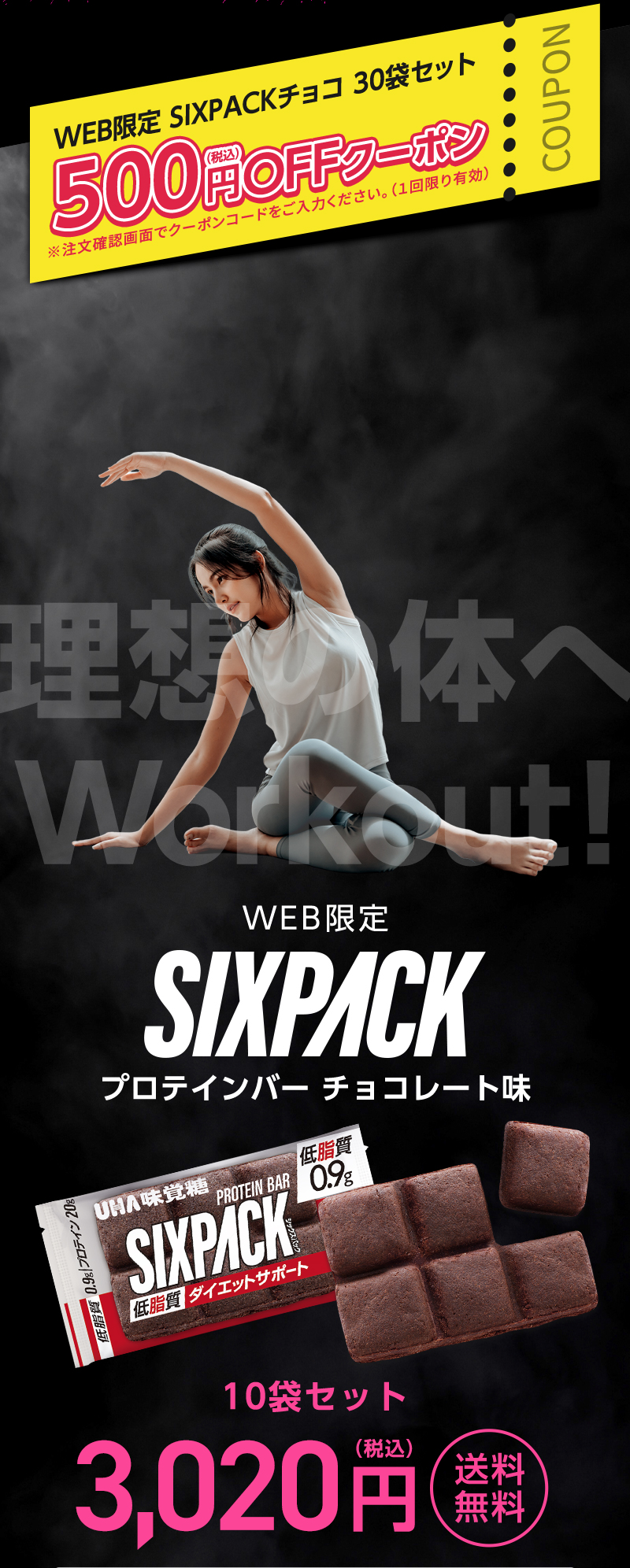 WEB限定SIXPACKチョコ30袋セット500円(税込)OFFクーポン ※注文確認画面でクーポンコードをご入力ください。(1回限り有効) WEB限定SIXPACKプロテインバーチョコレート味10袋セット3,020円(税込)送料無料
