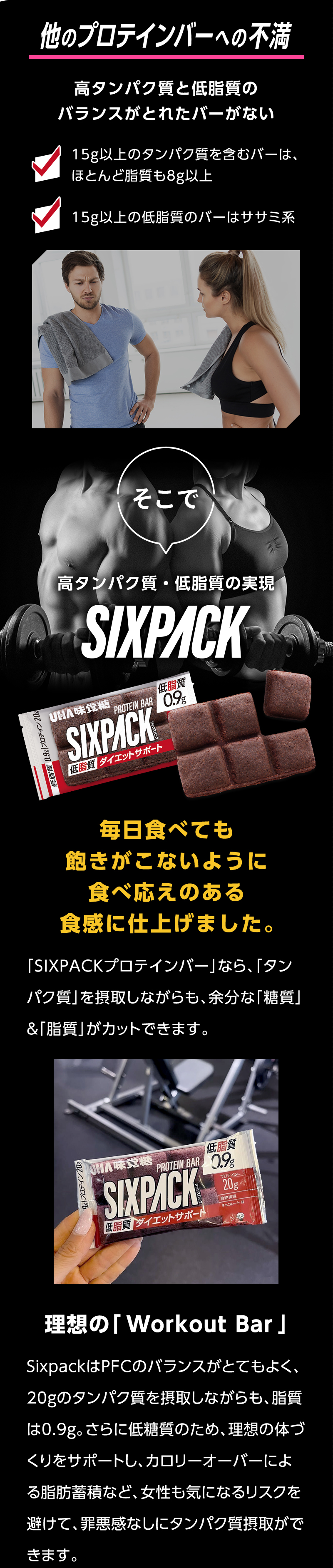 ほかのプロテインバーへの不満 高タンパク質と低脂質のバランスがとれたバーがない 15g以上のタンパク質を含むバーは、ほとんど脂質も8g以上 15g以上の低脂質のバーはササミ系 そこで高タンパク質・低脂質の実現 SIXPACK 毎日食べても飽きがこないように食べ応えのある食感に仕上げました。 「SIXPACKプロテインバー」なら、「タンパク質」を摂取しながらも、余分な「糖質」＆「脂質」がカットできます。 理想の「Workout Bar」 SIXPACKはPFCバランスがとてもよく、20gのタンパク質を摂取しながらも、脂質は0.9g。さらに低糖質のため、理想の体づくりをサポートし、カロリーオーバーによる脂肪蓄積など、女性も気になるリスクを避けて、罪悪感なしにタンパク質摂取ができます。