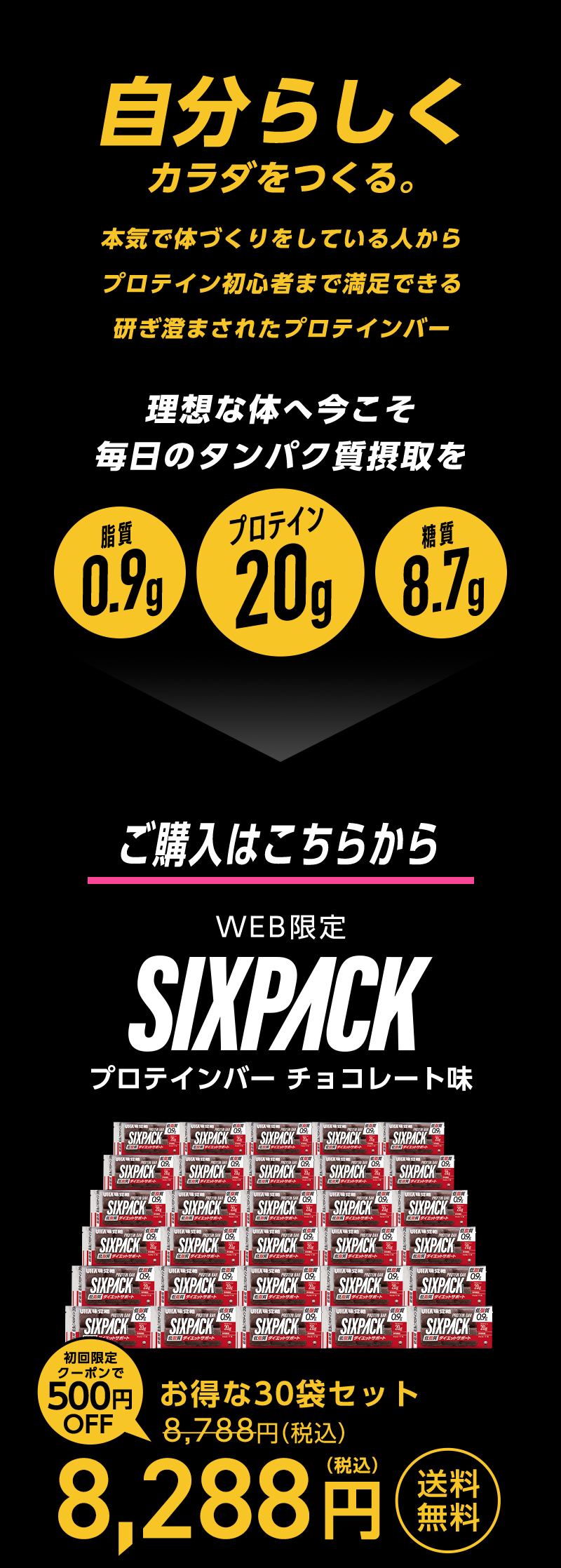 自分らしくカラダをつくる。本気で体づくりをしている人からプロテイン初心者まで満足できる研ぎ澄まされたプロテインバー りそうな体へ今こそ毎日のタンパク質摂取を 脂肪0.9g プロテイン20g 糖質8.7g ご購入はこちら WEB限定SIXPACKプロテインバーチョコレート味 初回限定クーポンで500円OFF お得な30袋セット8,288円(税込)送料無料