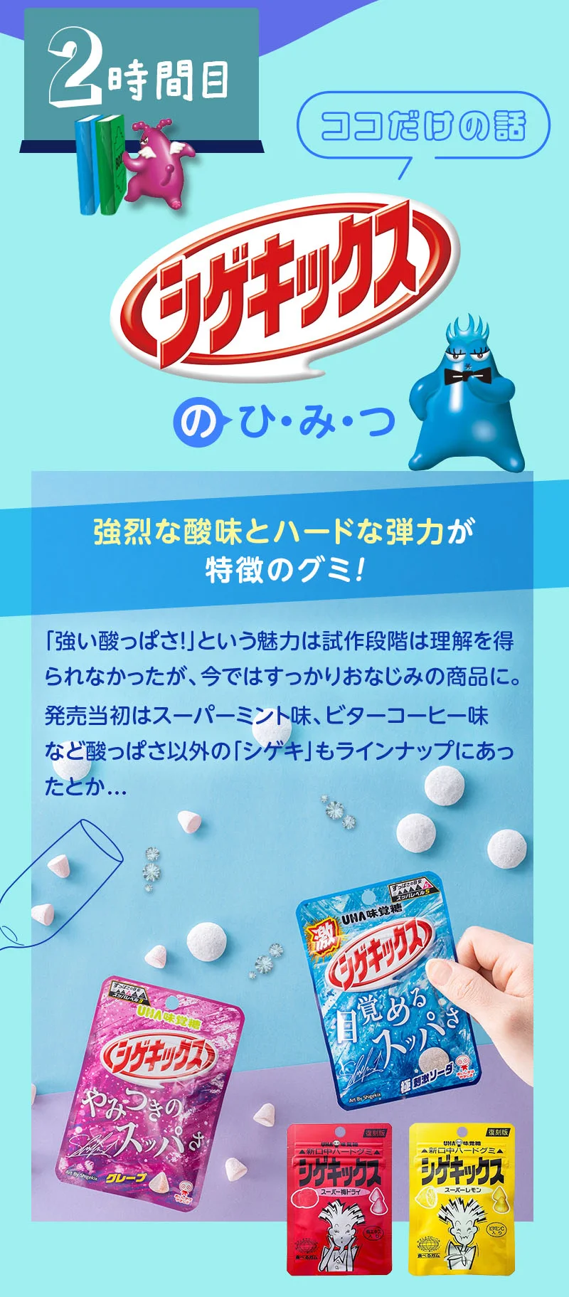 ココだけの話、シゲキックスのひみつ、強烈な酸味とハードな弾力が特徴のグミ！「強い酸っぱさ！」という魅力は試作段階は理解を得られなかったが、今ではすっかりおなじみの商品に。発売当初はスーパーミント味、ビターコーヒー味など酸っぱさ以外の「シゲキ」もラインナップにあったとか…