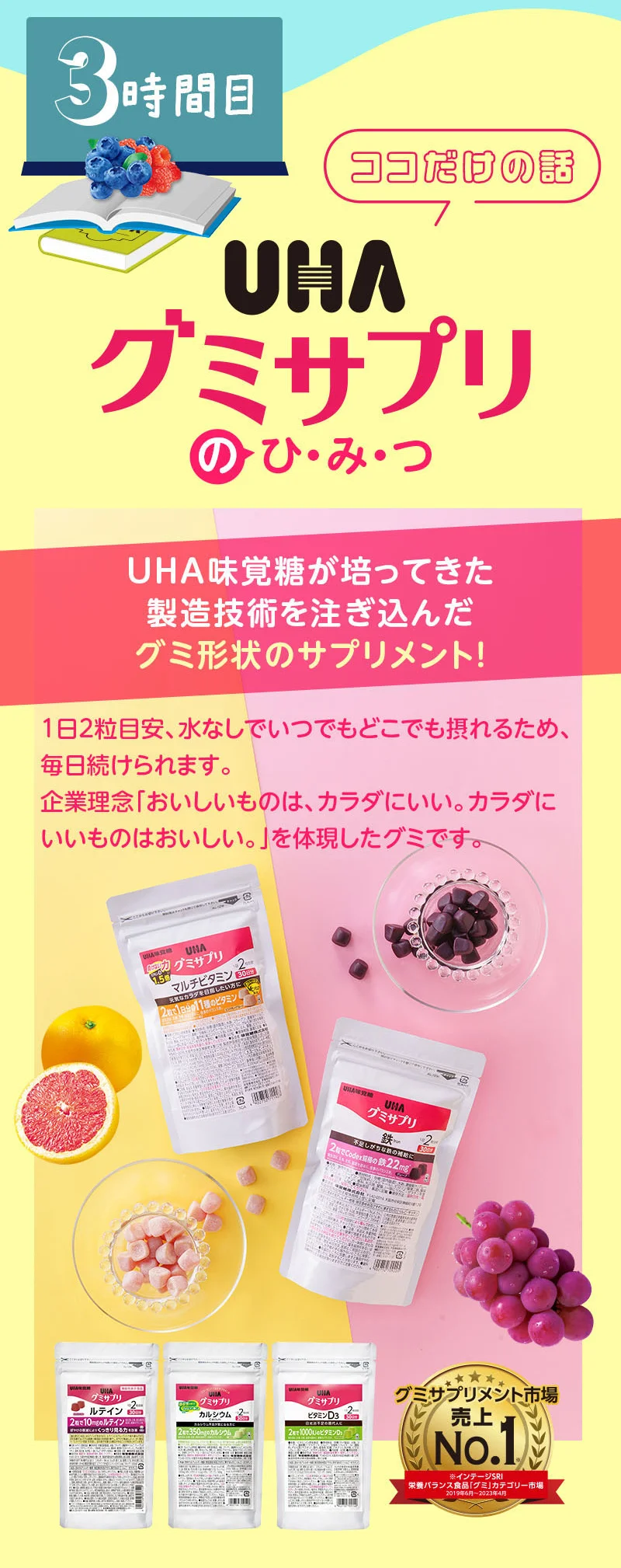 ここだけの話、UHAグミササプリのひみつ、UHA味覚糖が培ってきた製造技術を注ぎ込んだグミ形状のサプリメント！1日2粒目安、水なしでいつでもどこでも摂れるため、毎日続けられます。企業理念「おいしいものは、カラダにいい。カラダにいいものはおいしい。」を体現したグミです。