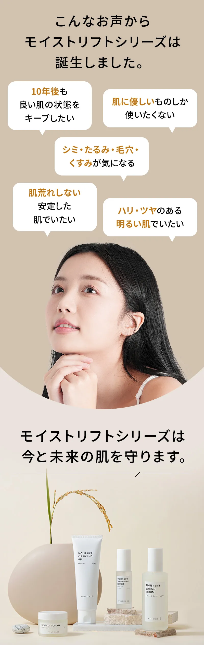 こんなお声からモイストリフトシリーズは誕生しました。モイストリフトシリーズは今と未来の肌を守ります。