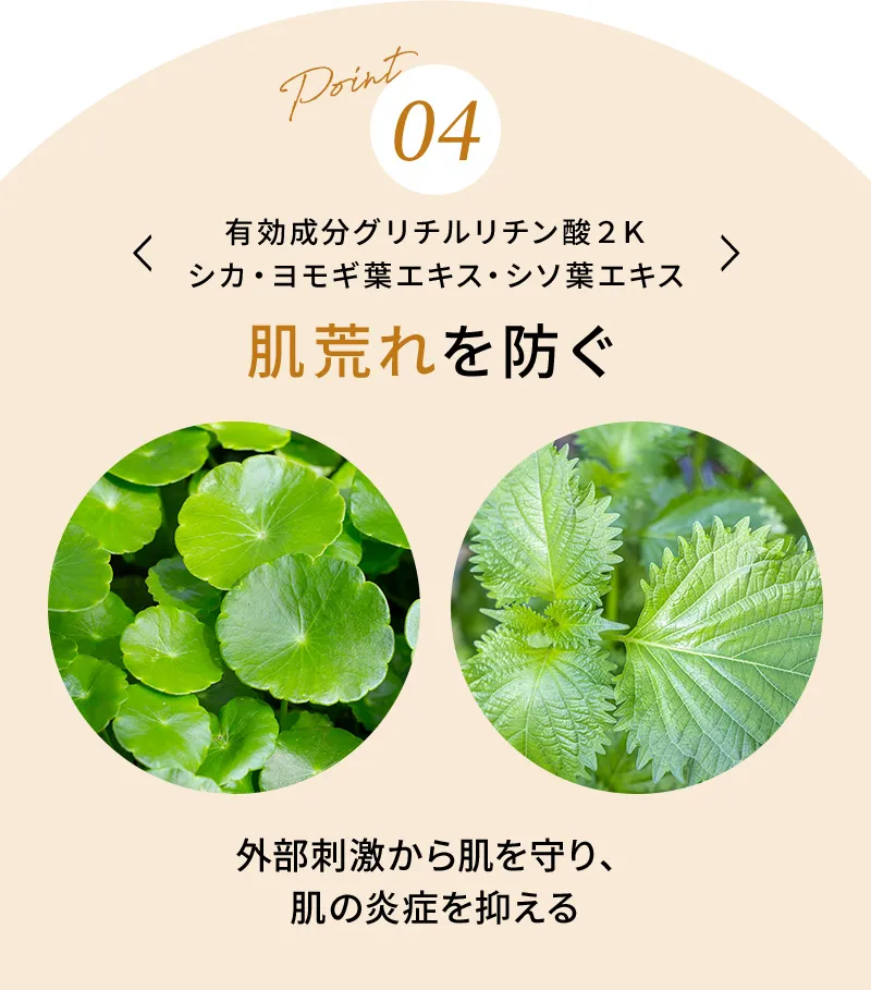有効成分グリチルリチン酸２Ｋシカ・ヨモギ葉エキス・シソ葉エキスが肌荒れを防ぐ