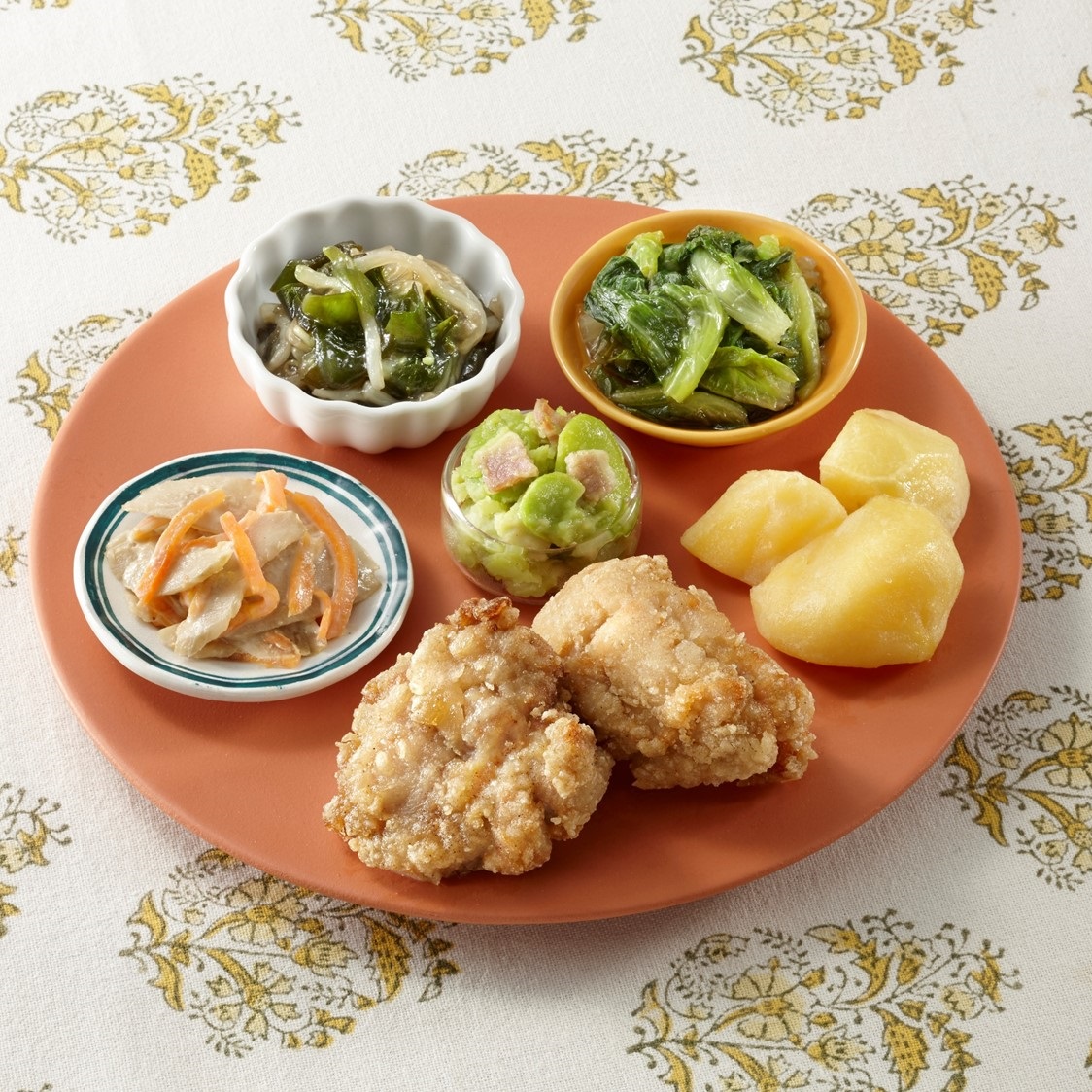 （五菜）鶏の唐揚げとロメインレタスのお浸し