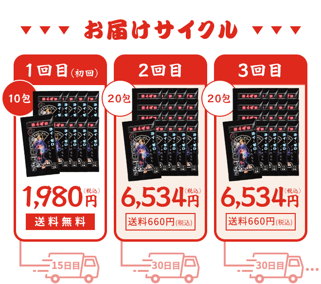 お届けサイクル。1回目初回10包1980円送料無料、2回目20包6534円送料660円、3回目20包6534円送料660円。15日目、30日目にお届け