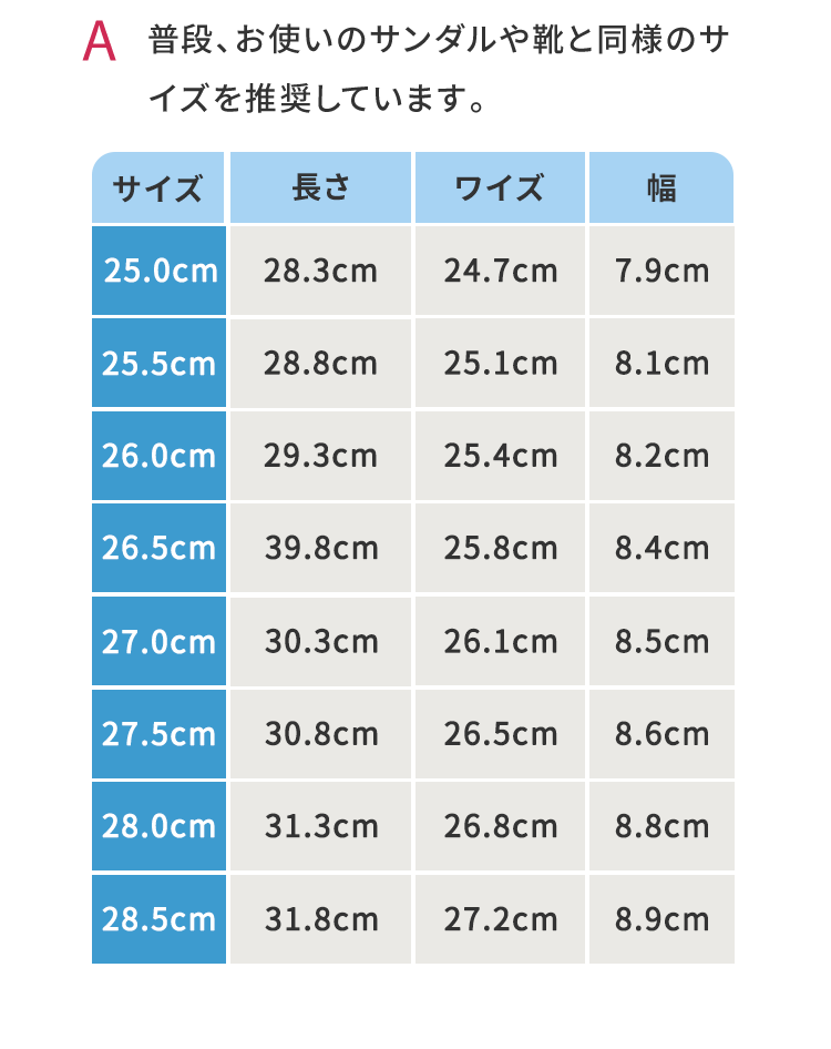 サイズ選びがご不安な場合は、１サイズ大きいサイズをお選びください