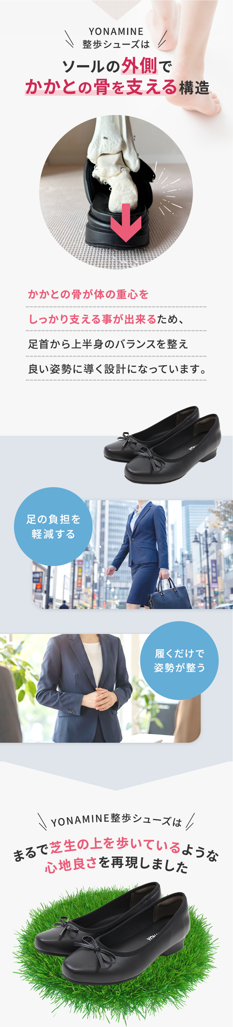 かかとの骨が体の重心をしっかり支える事が出来るため、足首から上半身のバランスを整え良い姿勢に導く設計になっています。